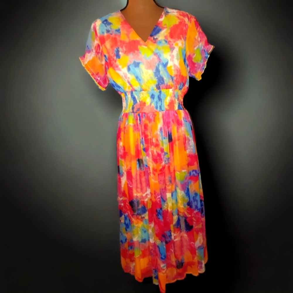 2/$50 NWOT Ashro Sheer Floral Lined Short Sleeve Maxi Dress, Size L